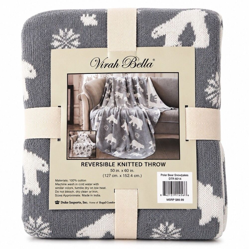 Virah Bella Polar Bear Snowflakes Reversible Knitted Throw 50x60 100% Cotton NEW